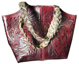 Tooled Leather Purse with Braided Leather Handle – Burgundy