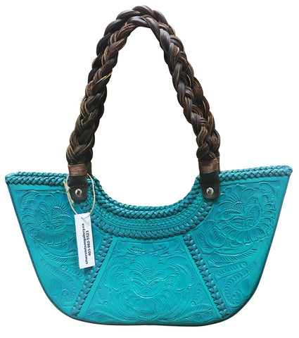 Tooled Leather Purse with Braided Leather Handle – Teal