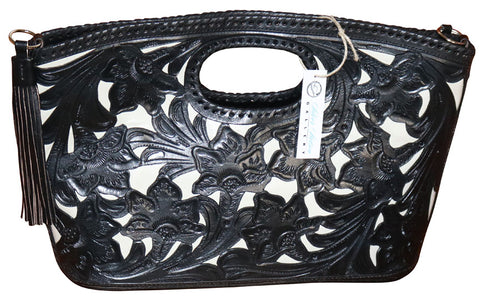 Tooled Leather Clutch Purse with Tassels – Black & Ivory
