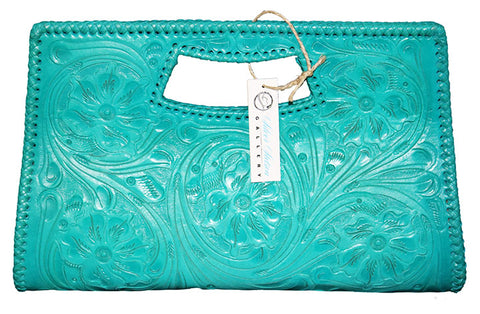 Tooled Leather Clutch Purse – Teal